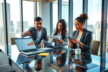 Team of business professionals collaborating around a glass table with laptops and tablets, strategizing lead generation advice before the first client call in a bright office.