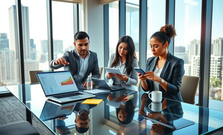 Team of business professionals collaborating around a glass table with laptops and tablets, strategizing lead generation advice before the first client call in a bright office.