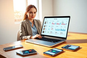 Young professional woman focused on a laptop and devices displaying an optimized dating app interface with match analytics and profile photos in a bright modern workspace