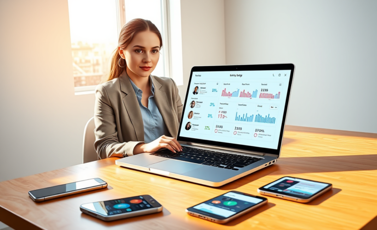 Young professional woman focused on a laptop and devices displaying an optimized dating app interface with match analytics and profile photos in a bright modern workspace