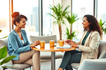 Three diverse young adults in a modern office lounge engaging in a friendly and attentive conversation around a small table with coffee and notebooks
