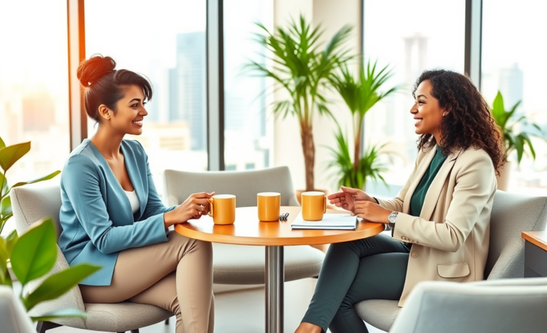 Three diverse young adults in a modern office lounge engaging in a friendly and attentive conversation around a small table with coffee and notebooks