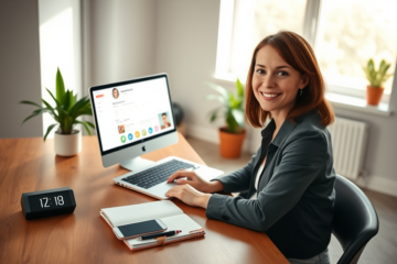 Young woman optimizing her online dating profile on a laptop in a bright home office to increase match rate