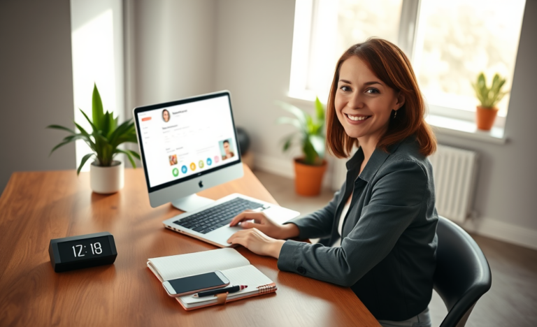Young woman optimizing her online dating profile on a laptop in a bright home office to increase match rate