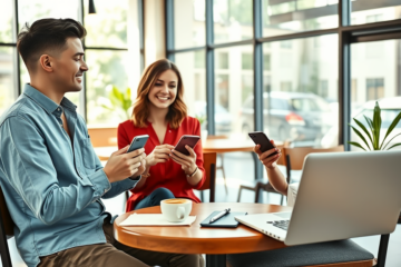 Two young adults improving dating app conversations seated at a coffee shop table using smartphones in a bright, modern setting