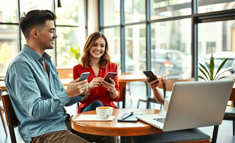 Two young adults improving dating app conversations seated at a coffee shop table using smartphones in a bright, modern setting