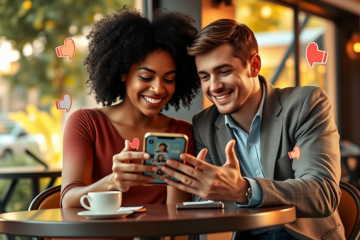 Young diverse couple using dating app at a cozy café table with warm lighting, representing fixing mistakes and improving matches