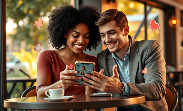 Young diverse couple using dating app at a cozy café table with warm lighting, representing fixing mistakes and improving matches