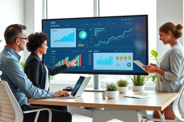 Team collaborating on SEO profile optimization in a bright modern office with digital analytics screens and lead generation charts