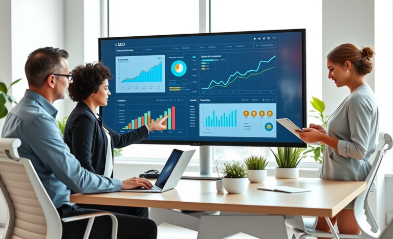 Team collaborating on SEO profile optimization in a bright modern office with digital analytics screens and lead generation charts
