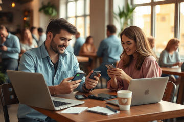 Two young adults using a dating app in a cozy café with warm natural light, illustrating dating app optimization strategies.