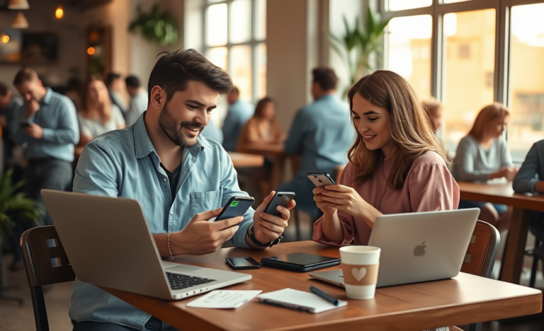 Two young adults using a dating app in a cozy café with warm natural light, illustrating dating app optimization strategies.