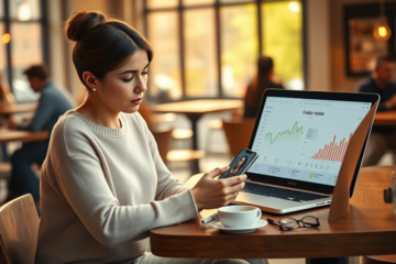 Young woman in a cozy cafe optimizing her dating app profile on smartphone with laptop showing analytics, focusing on dating app optimization