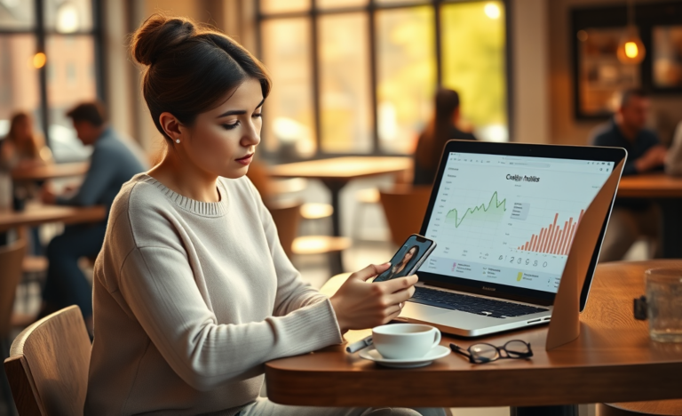 Young woman in a cozy cafe optimizing her dating app profile on smartphone with laptop showing analytics, focusing on dating app optimization