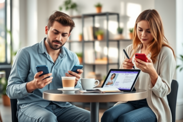 Young man and woman in café thoughtfully reviewing dating app profiles on phones and tablet with notes, reflecting profile optimization