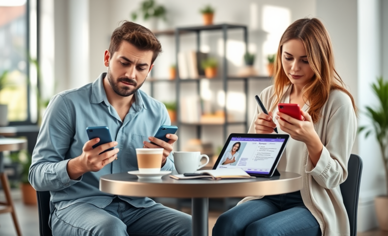Young man and woman in café thoughtfully reviewing dating app profiles on phones and tablet with notes, reflecting profile optimization