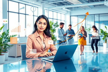 Modern office scene showing a professional conducting profile audit services with digital stats and teamwork enhancing visibility and engagement