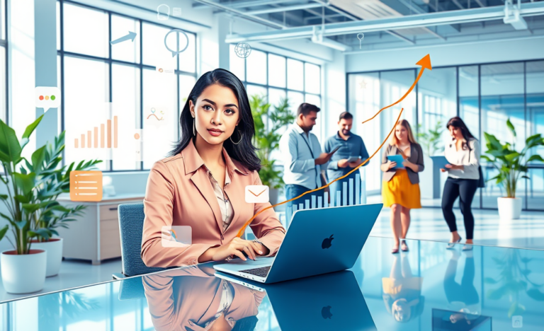 Modern office scene showing a professional conducting profile audit services with digital stats and teamwork enhancing visibility and engagement