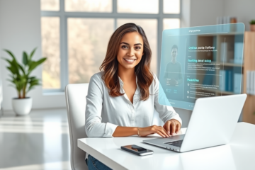 Professional woman optimizing her digital profile at a sleek home office with a transparent touchscreen in a bright, modern workspace