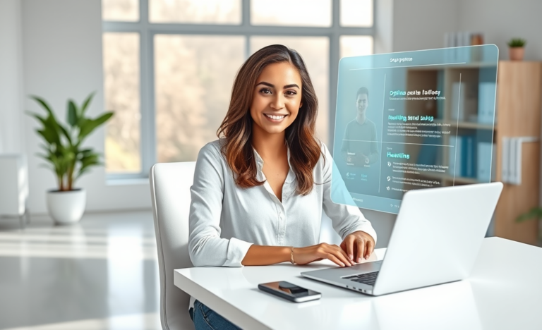 Professional woman optimizing her digital profile at a sleek home office with a transparent touchscreen in a bright, modern workspace