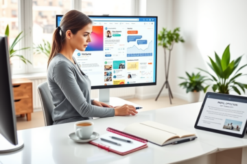 Young professional woman optimizing her social media profile on a high-resolution screen in a bright, modern home office with digital engagement metrics visible