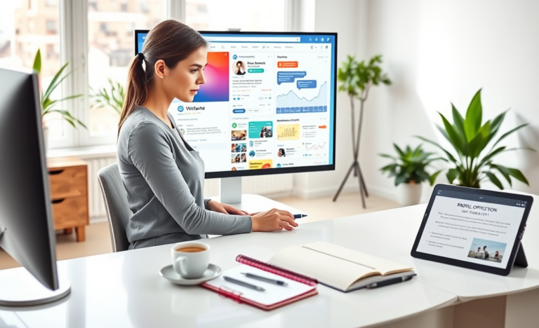 Young professional woman optimizing her social media profile on a high-resolution screen in a bright, modern home office with digital engagement metrics visible