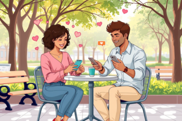 Young diverse couple interacting with their smartphones outdoors at a sunny cafe, illustrating dating app advice for better matches