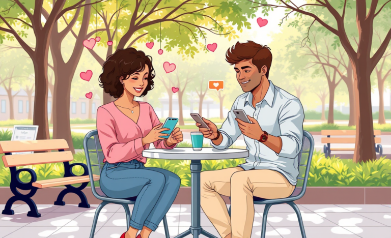 Young diverse couple interacting with their smartphones outdoors at a sunny cafe, illustrating dating app advice for better matches
