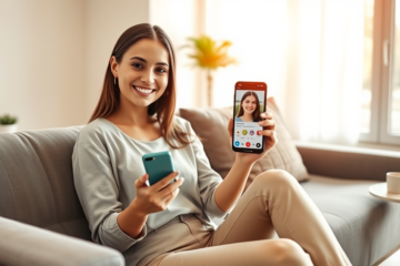 Young woman using a smartphone in a bright living room optimizing her dating app profile to get more matches fast