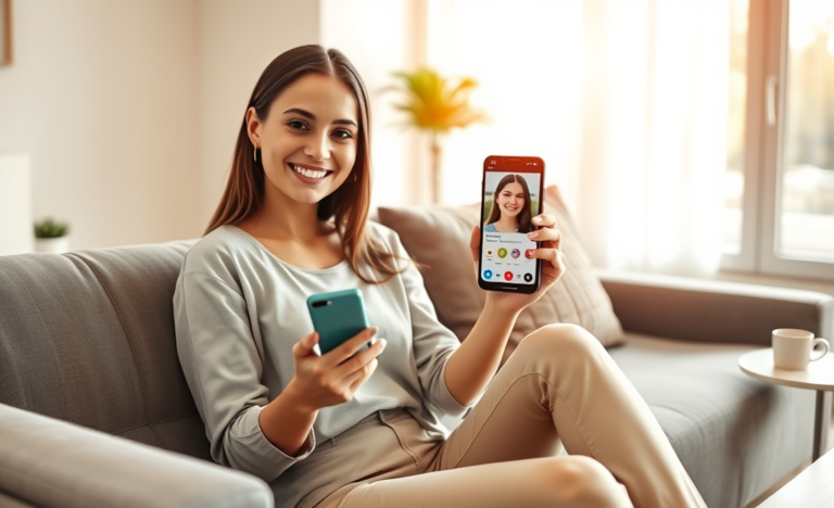 Young woman using a smartphone in a bright living room optimizing her dating app profile to get more matches fast