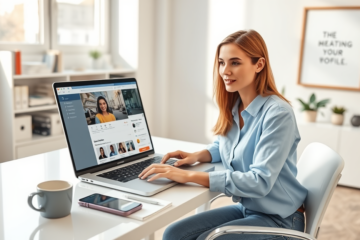 Young woman optimizes her dating profile on a laptop in a bright modern office to get more matches and better results