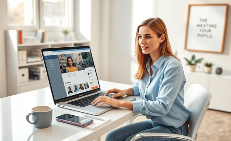 Young woman optimizes her dating profile on a laptop in a bright modern office to get more matches and better results